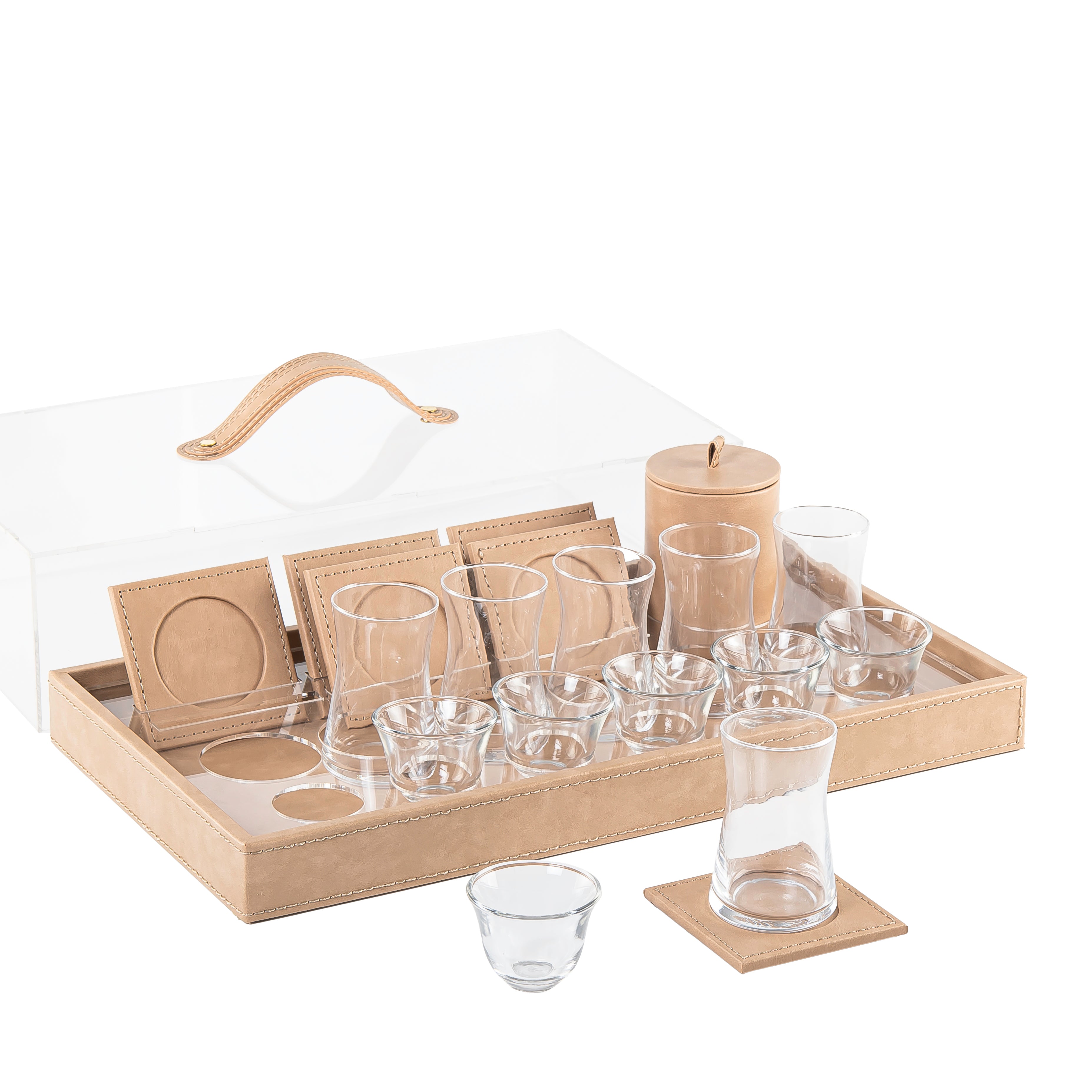 Wooden tray set wrapped in leather with tea & coffee  cups a coasters and gift box - Beige
