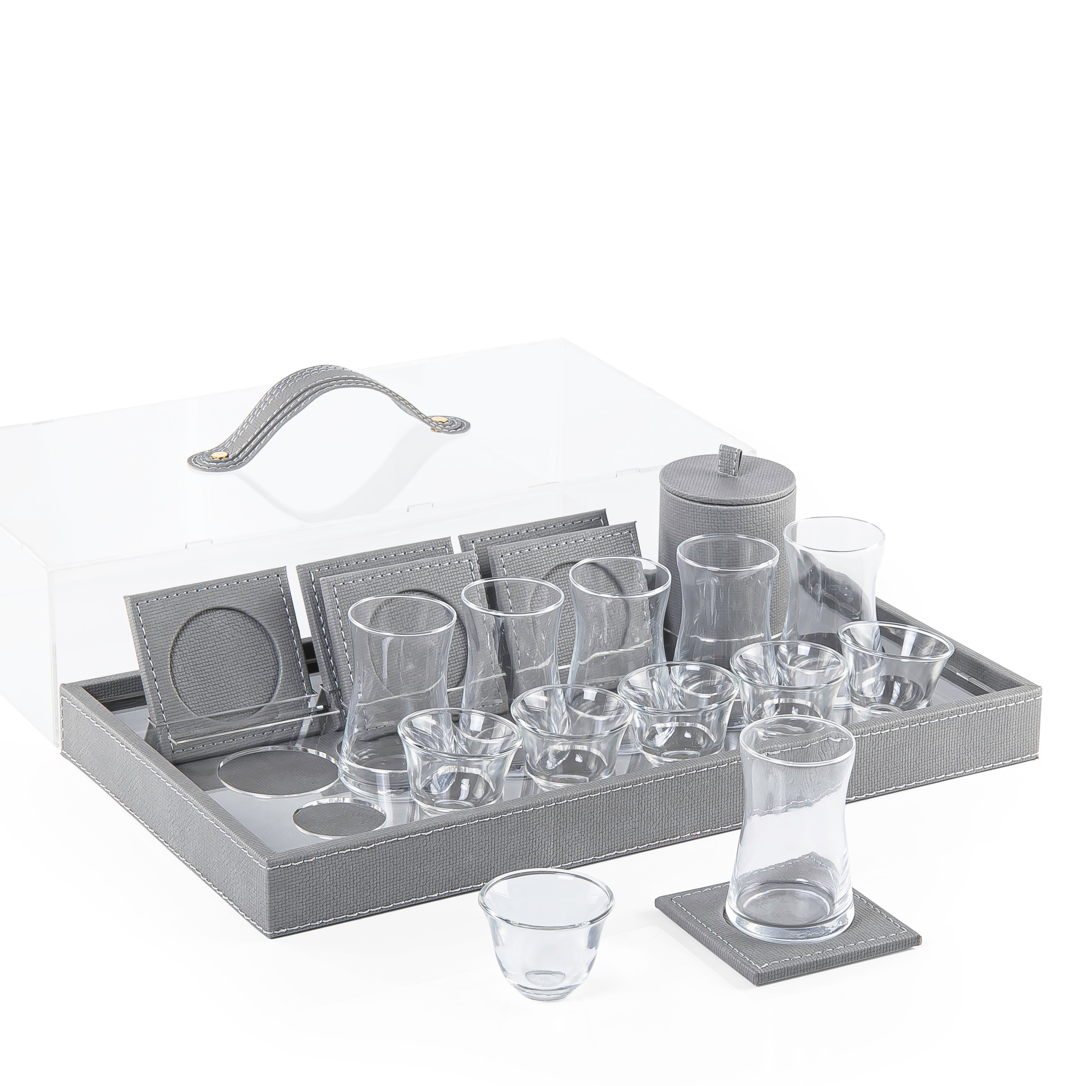 طقم صينية خشب بتلبيسة جلد مع أكواب شاي وقهوة وكوستر بغطاء أكريليك وبوكس هدية -رمادي غامق