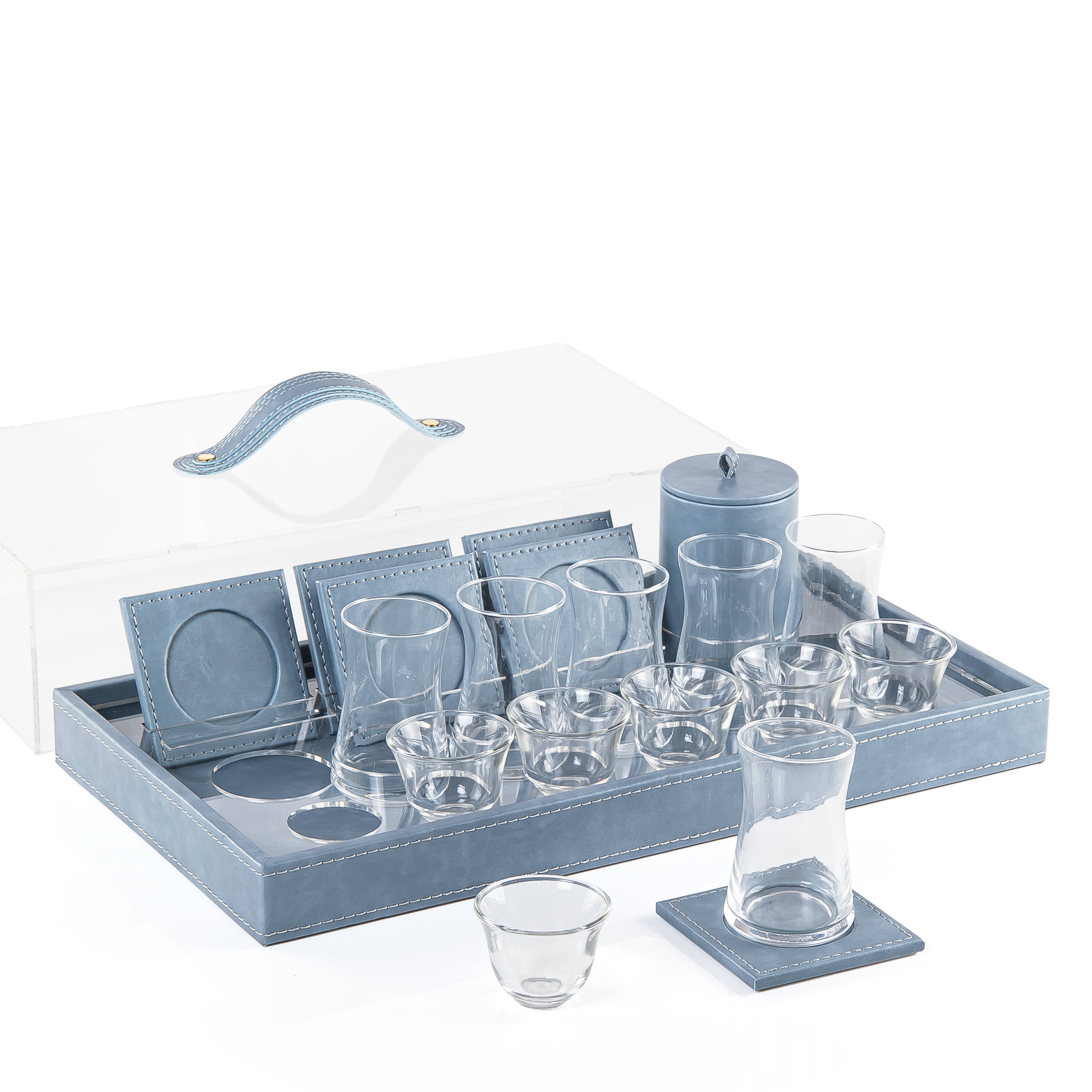 Wooden tray set wrapped in leather with tea & coffee  cups a coasters and gift box - Blue