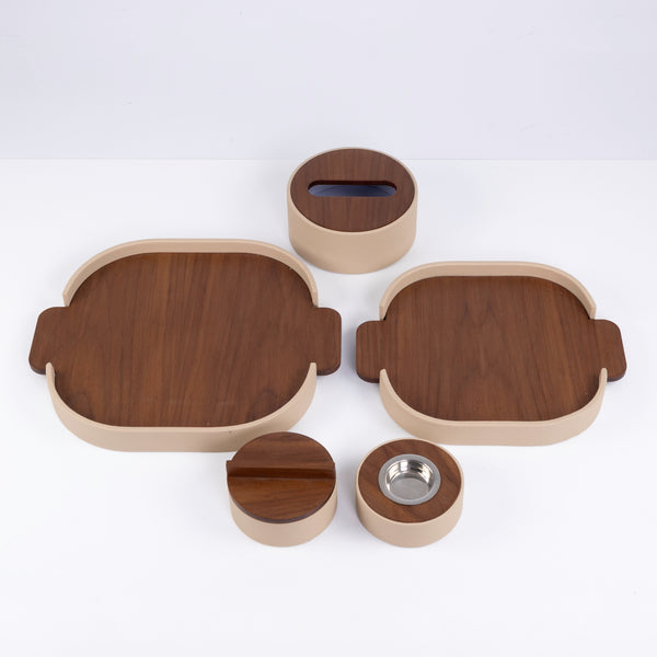 Wooden Complete Reception Set: Two Trays, Incense Box, Mabkhara, and Tissue Box