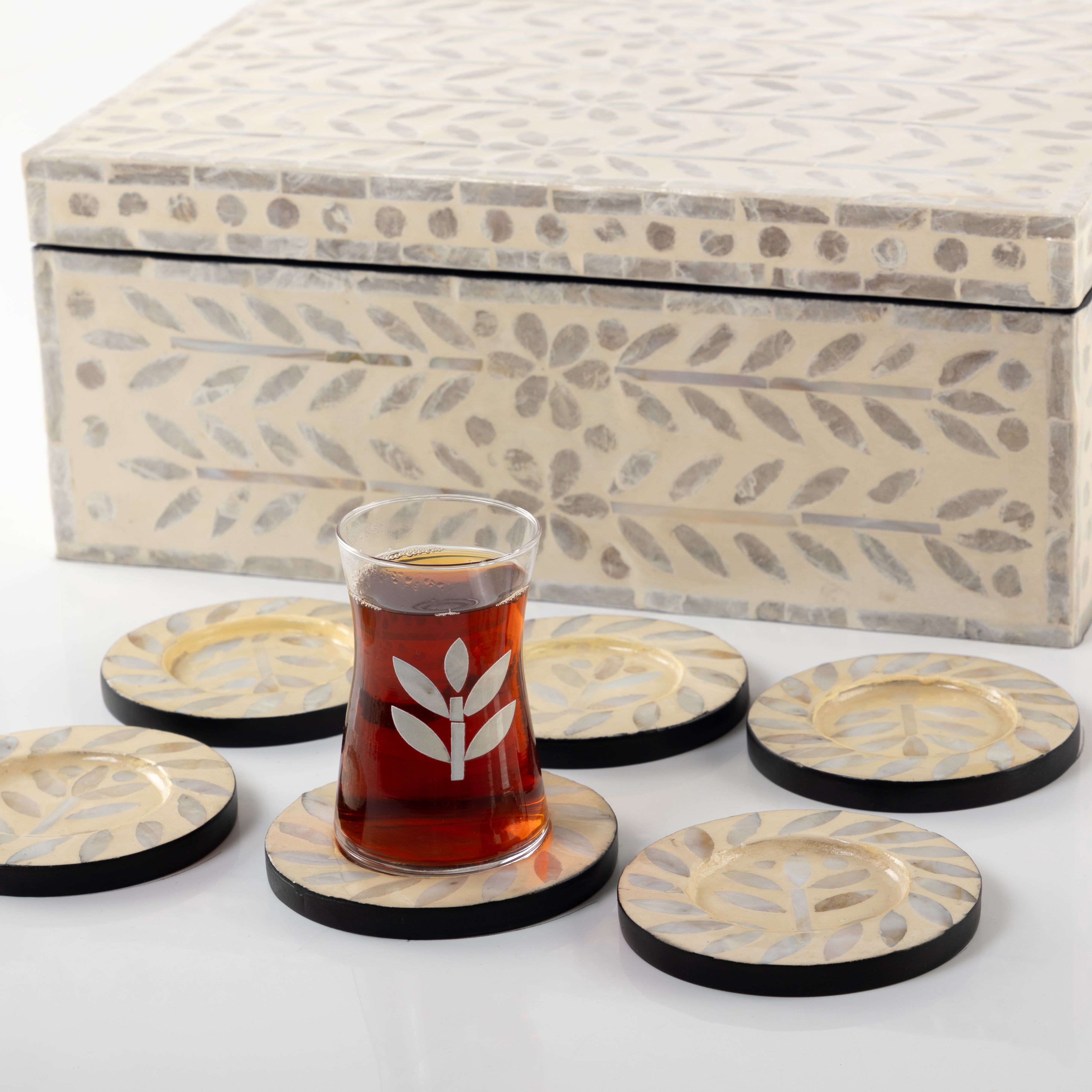 Set of mother pearl 12 coaster with 6 cups for coffee and 6 cups for tea with box - beige