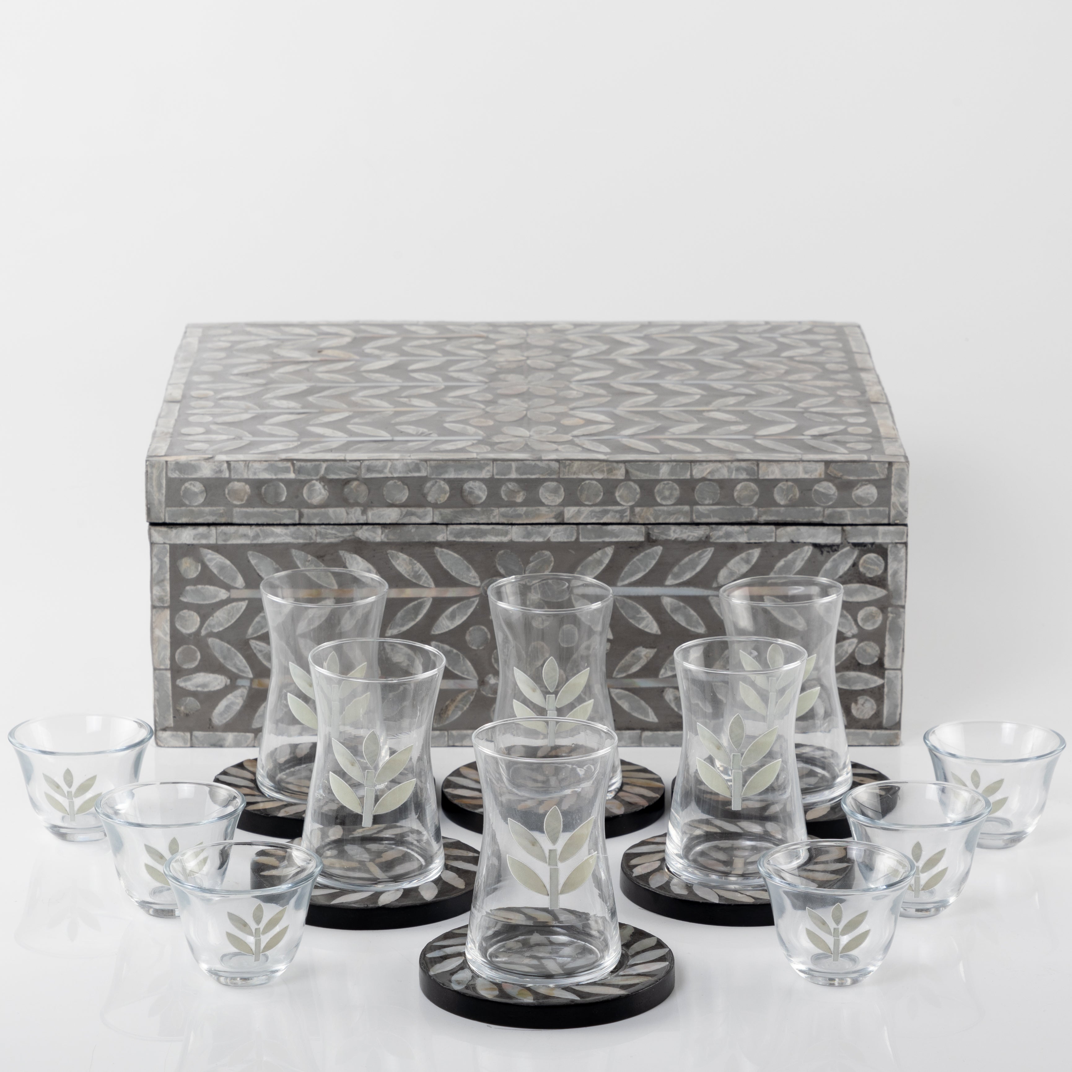 Set of mother pearl 12 coaster with 6 cups for coffee and 6 cups for tea with box - grey