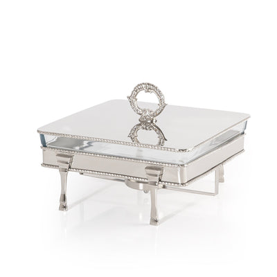 Square Silver Stainless Steel Chafing Dish with Interior Glass Bowl and Handle