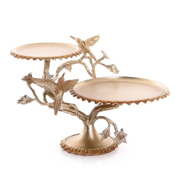 Two-Tier Metal Stand with Bird and Branch Design