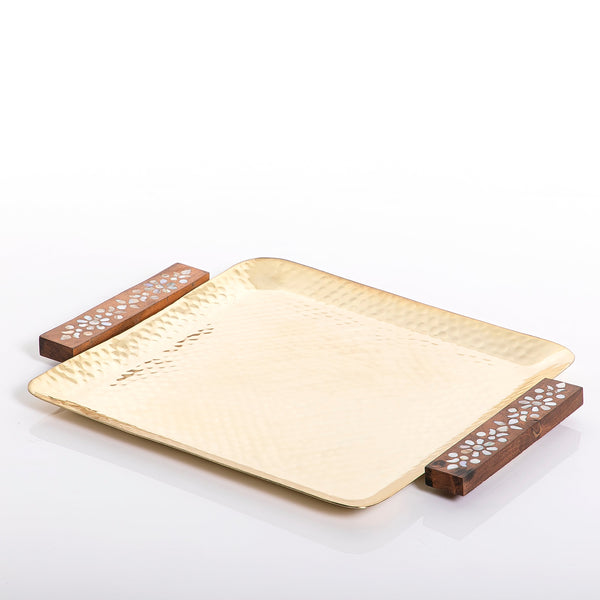 Large silver metal square tray with two golden Mop handles 36*36*2
