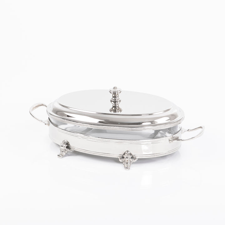 Oval Stainless Steel Thermal Food Container with Lid, Side Handles, and Decorative Edges