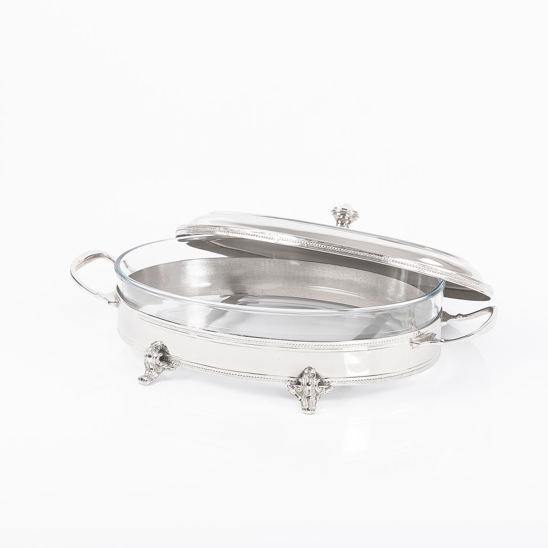 Oval Stainless Steel Thermal Food Container with Lid, Side Handles, and Decorative Edges
