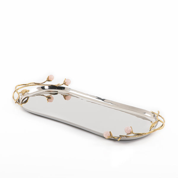 Oval Metal Tray With Stone And Gold Vein Handles