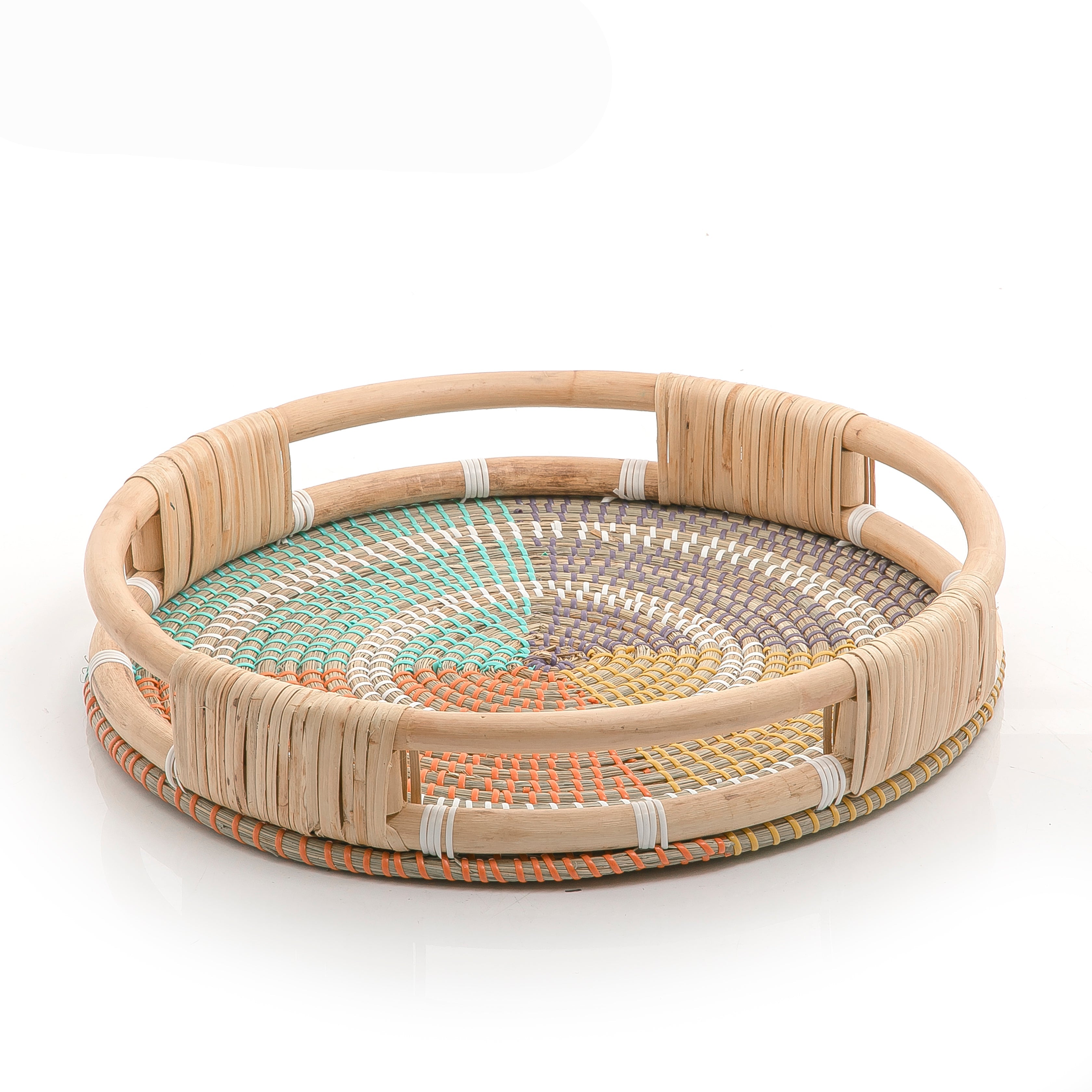 Multicoloured Round Rattan And Bambo And Wood Tray