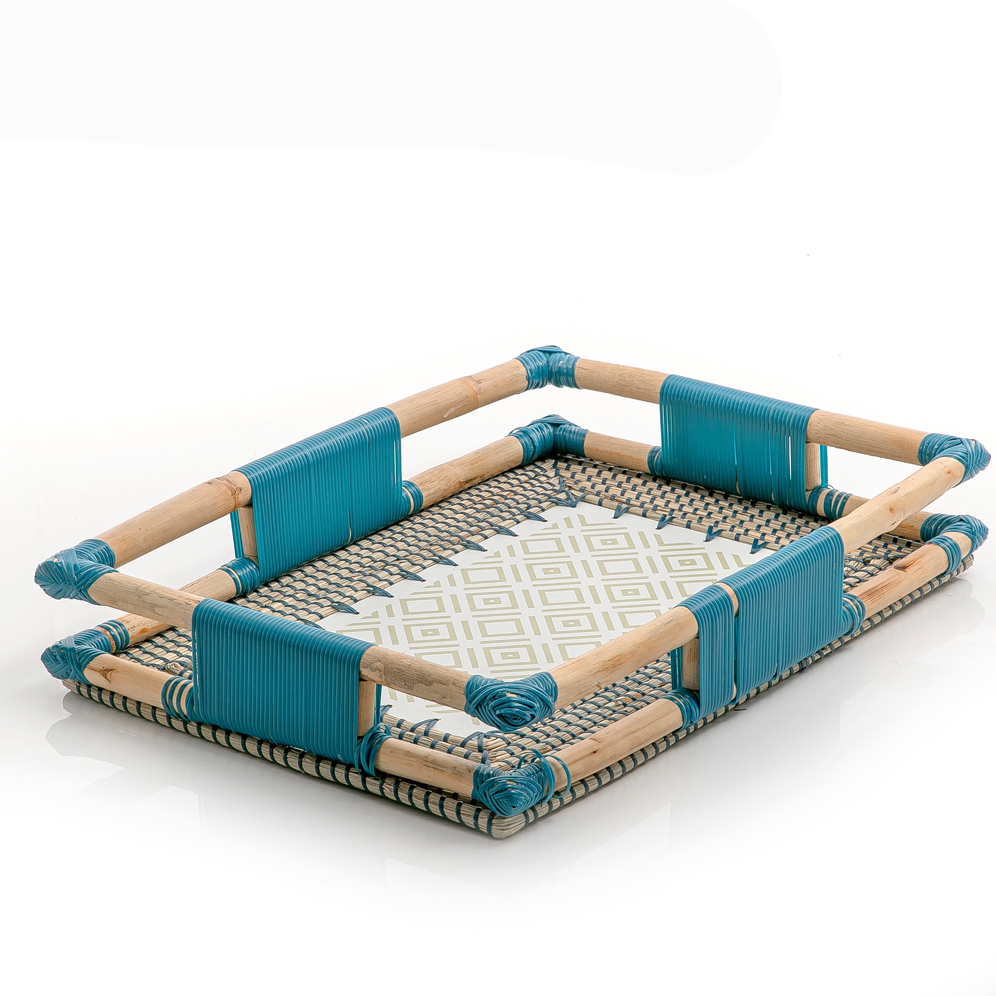 Blue Rectangular Rattan And Bambo And Wood Tray