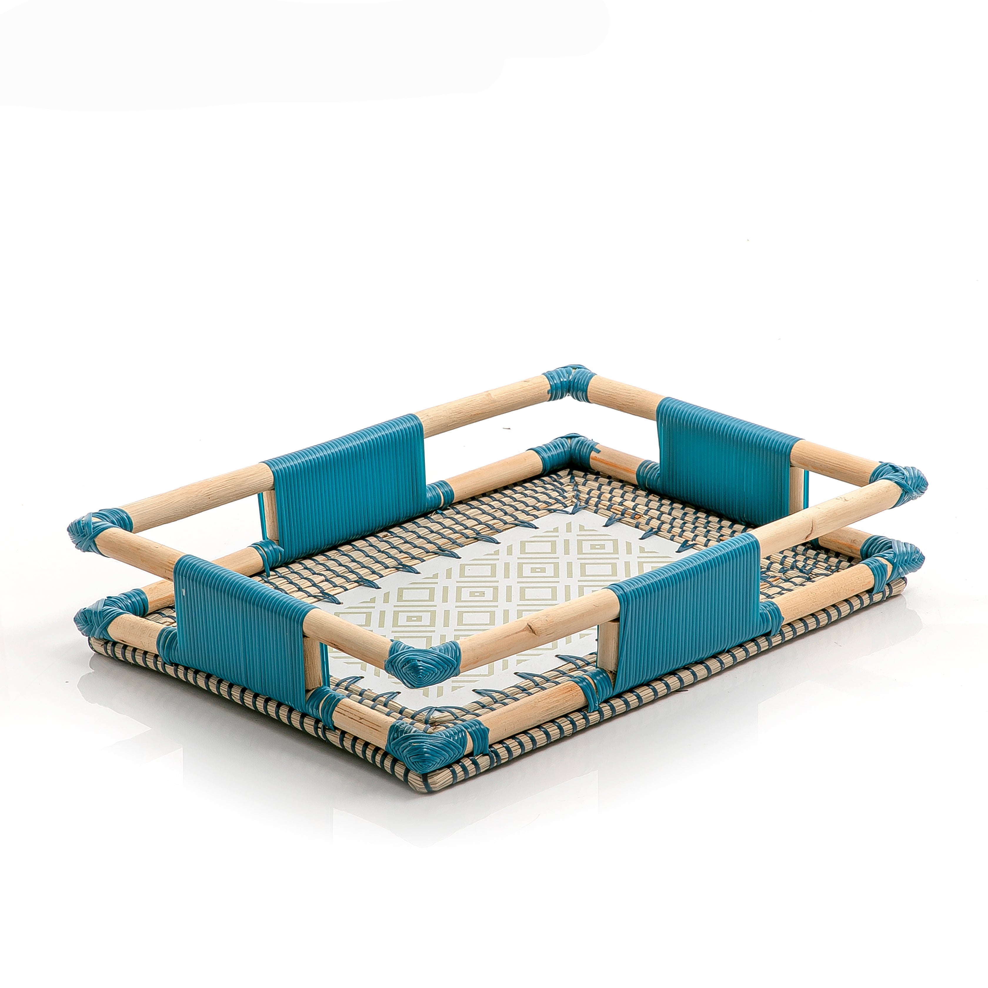 Blue Rectangular Rattan And Bambo And Wood Tray