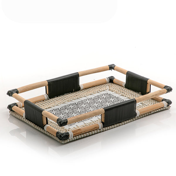 Black Rectangular Rattan And Bambo Tray