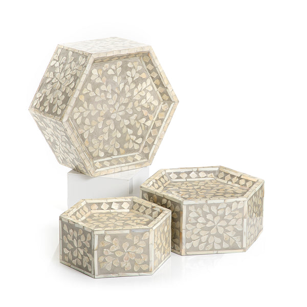 Set of 3 Mother of Pearl Stands with Geometric Design