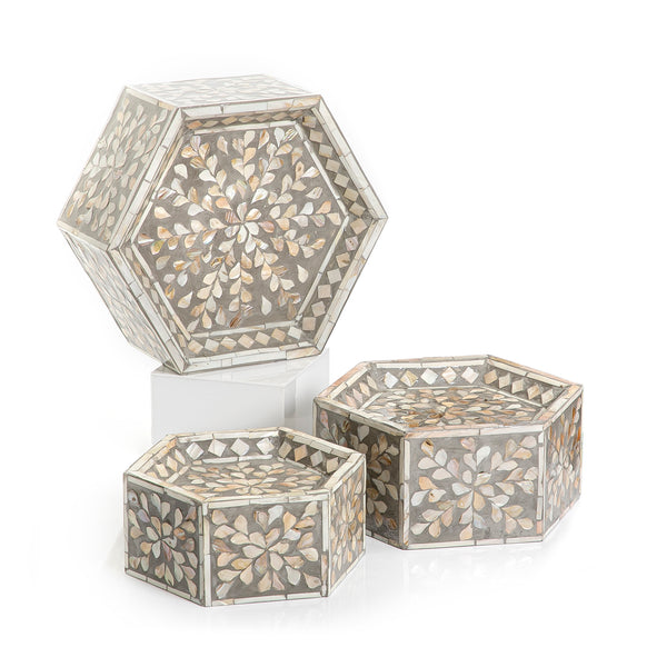 Set of 3 Mother of Pearl Stands with Geometric Design