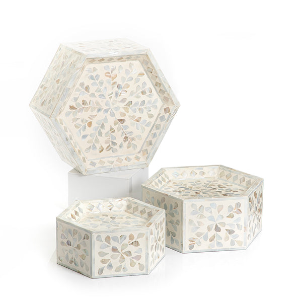 Set of 3 Mother of Pearl Stands with Geometric Design