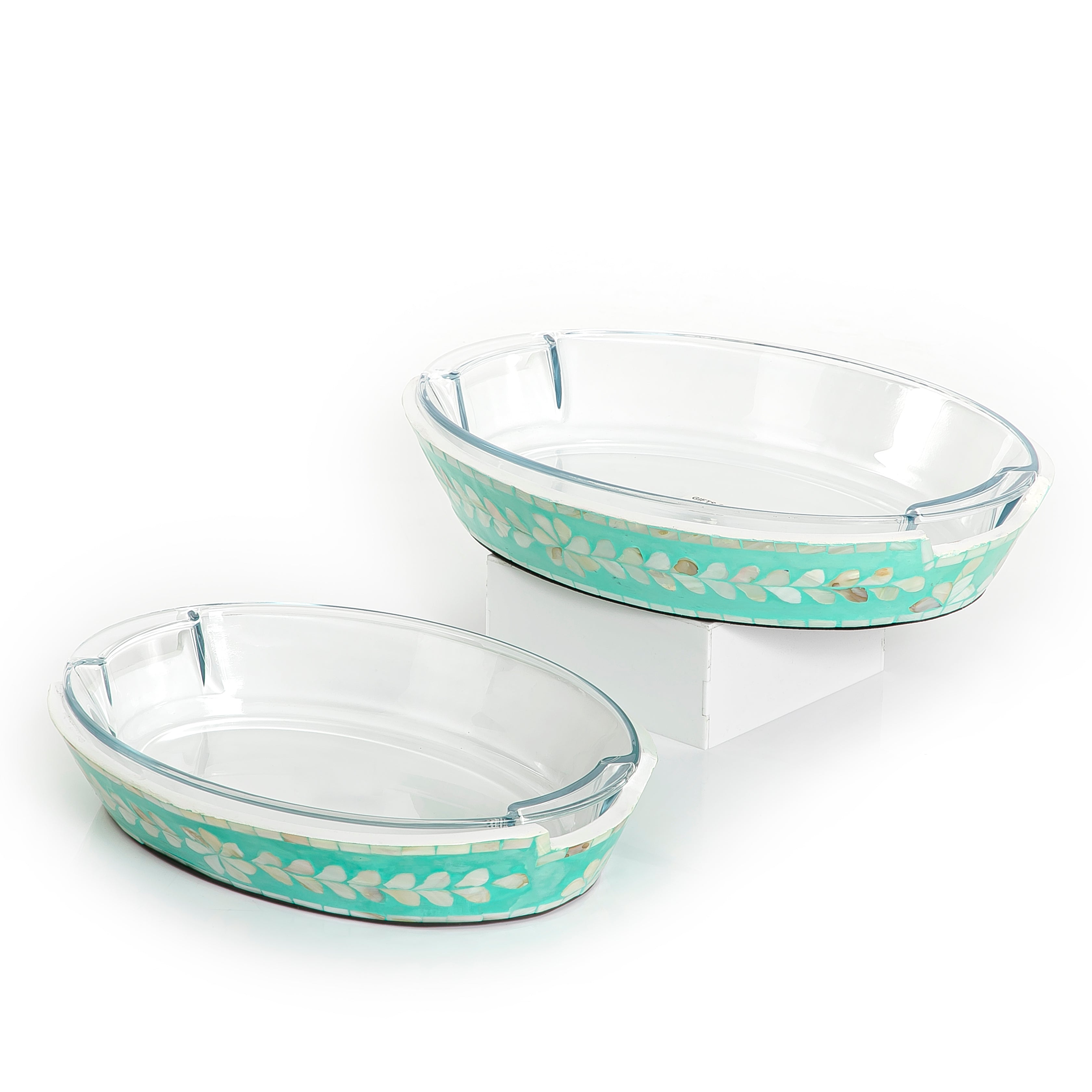 Set of Oval Glass Dishes with Mother of Pearl Base