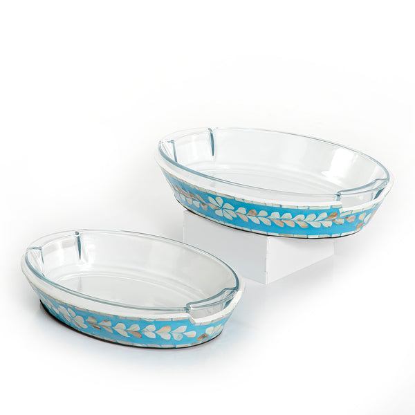 Set of Oval Glass Dishes with Mother of Pearl Base
