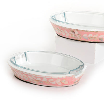 Set of Oval Glass Dishes with Mother of Pearl Base