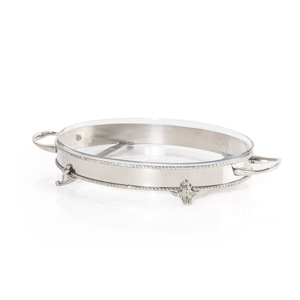 Oval Stainless Steel Serving Stand with Interior Glass Bowl - Large