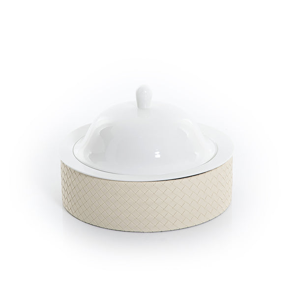 round ceramic plate with cover and white leather base