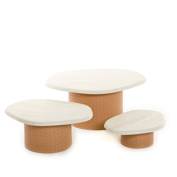 A Set Of 3 dark beige Leather Stands Diffeent Sizes