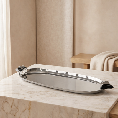 Oval Metal Tray Silver and Black small