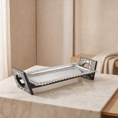 Rectangular Aluminum Serving Tray with Wood and Mother of Pearl Stand - Medium