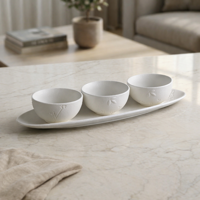Set of 3 Matt White Ceramic Bowls with Plate