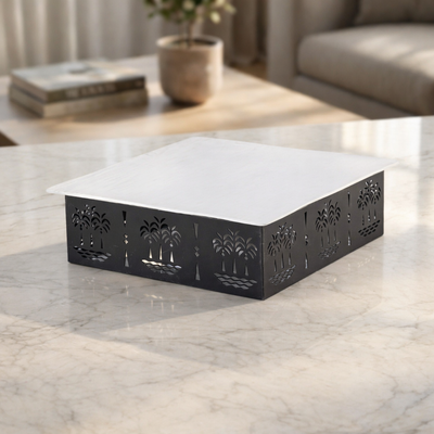 Square Ceramic Dish with Metal Base
 Palm Design- Medium