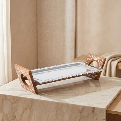 Rectangular Aluminum Serving Tray with Wood and Mother of Pearl Stand - Medium
