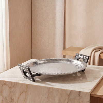 Round Aluminum Serving Tray with Wood and Mother of Pearl Stand - Large