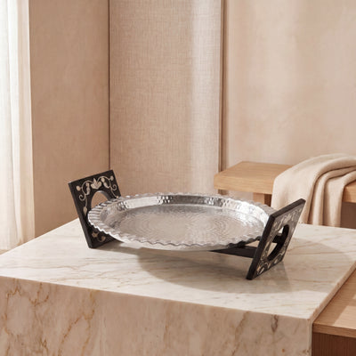 Round Aluminum Serving Tray with Wood and Mother of Pearl Stand - Medium
