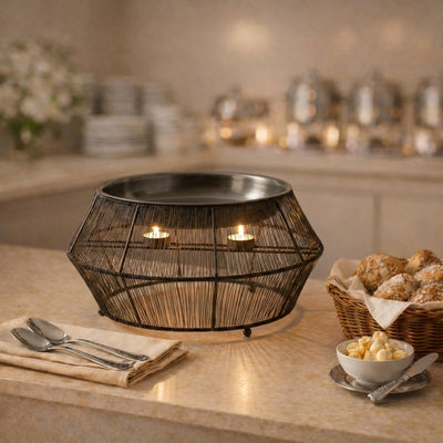Round Stainless Steel Food Heater With Metal Base - Large