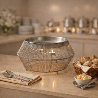 Round Stainless Steel Food Heater With Metal Base - Large