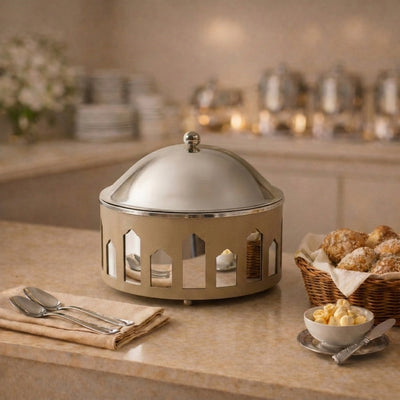 Round Stainless Food Container With Arabic Arch Design - Beige