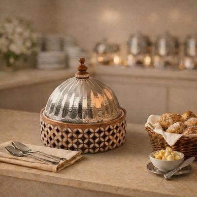 Stainless Steel Food Warmer on Decorative Wooden Base - Small
