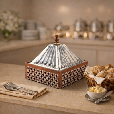 Square Stainless Steel Food Warmer with Wooden Base - Small
