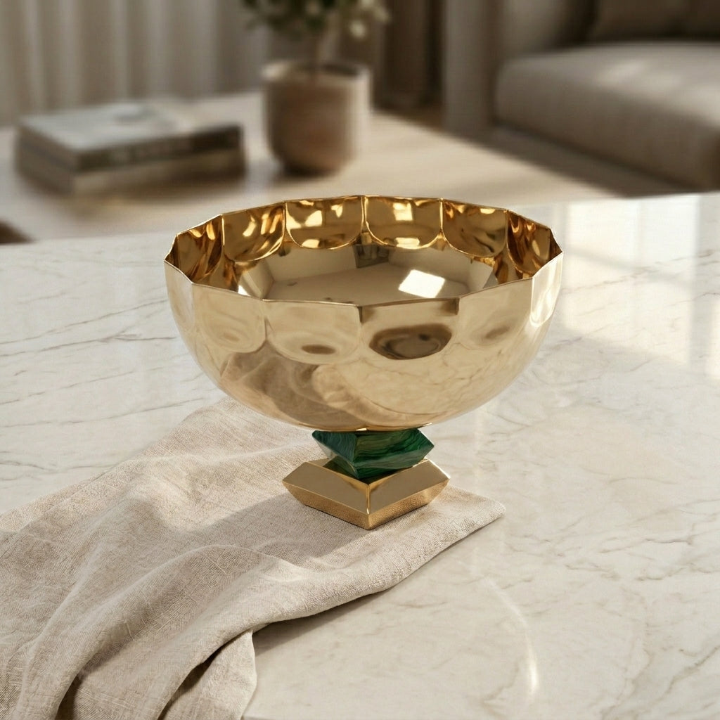 Round Metal Serving Bowl Gold and Green color