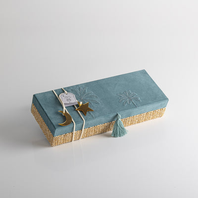 Small Rattan Rectangle Jewelry Box with Cover - Blue