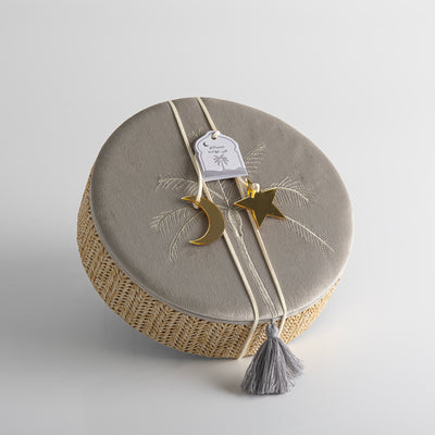 Small Rattan Round Jewelry Box with Cover - Grey