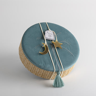 Small Rattan Round Jewelry Box with Cover - Blue