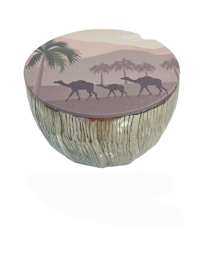 Silver color steel bowl with printed wooden cover.