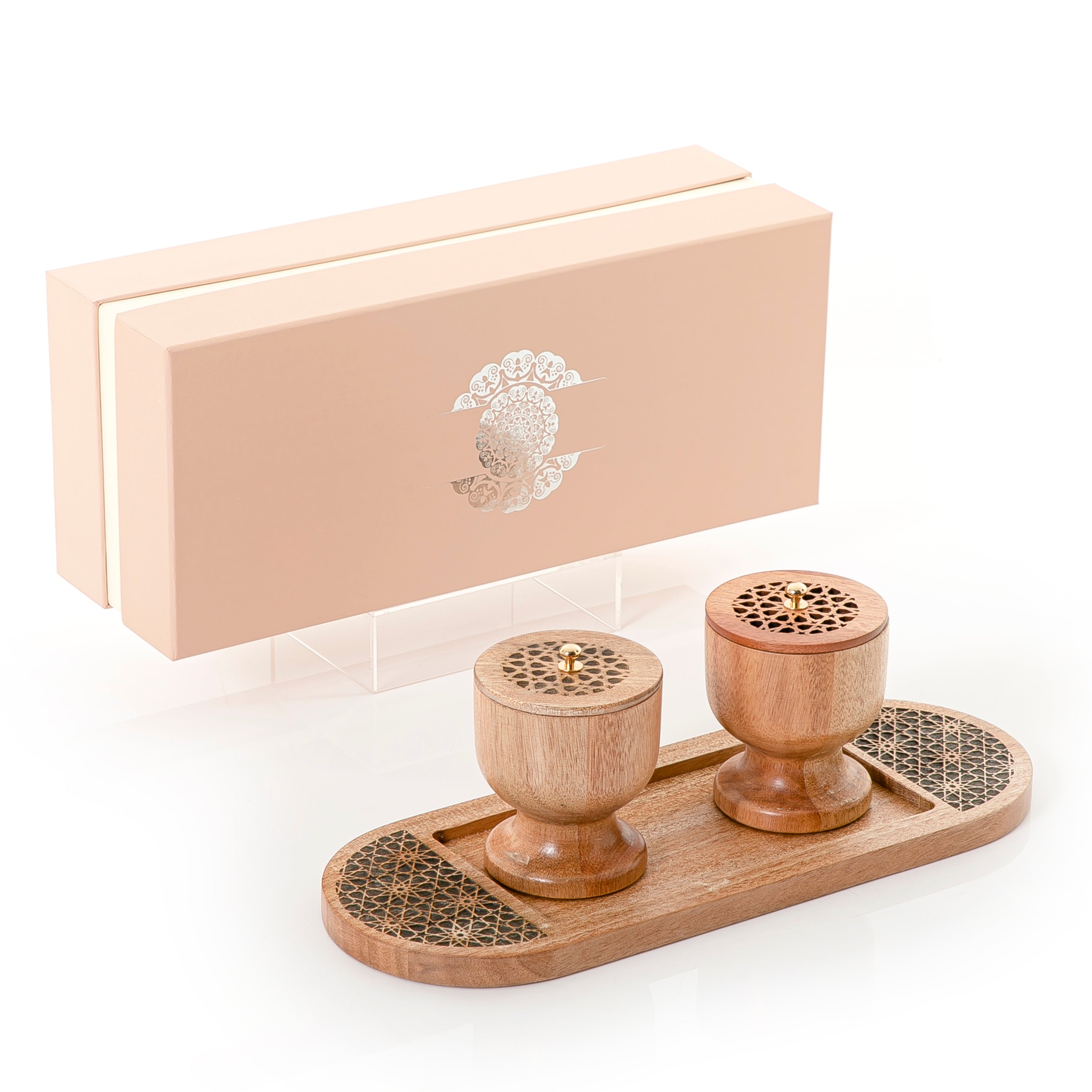 طقم مبخرة خشبية مع علبة بخور وصينية وبوكس هدية
