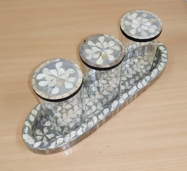 Set Of Mother Of Pearl Glass Jars With Tray