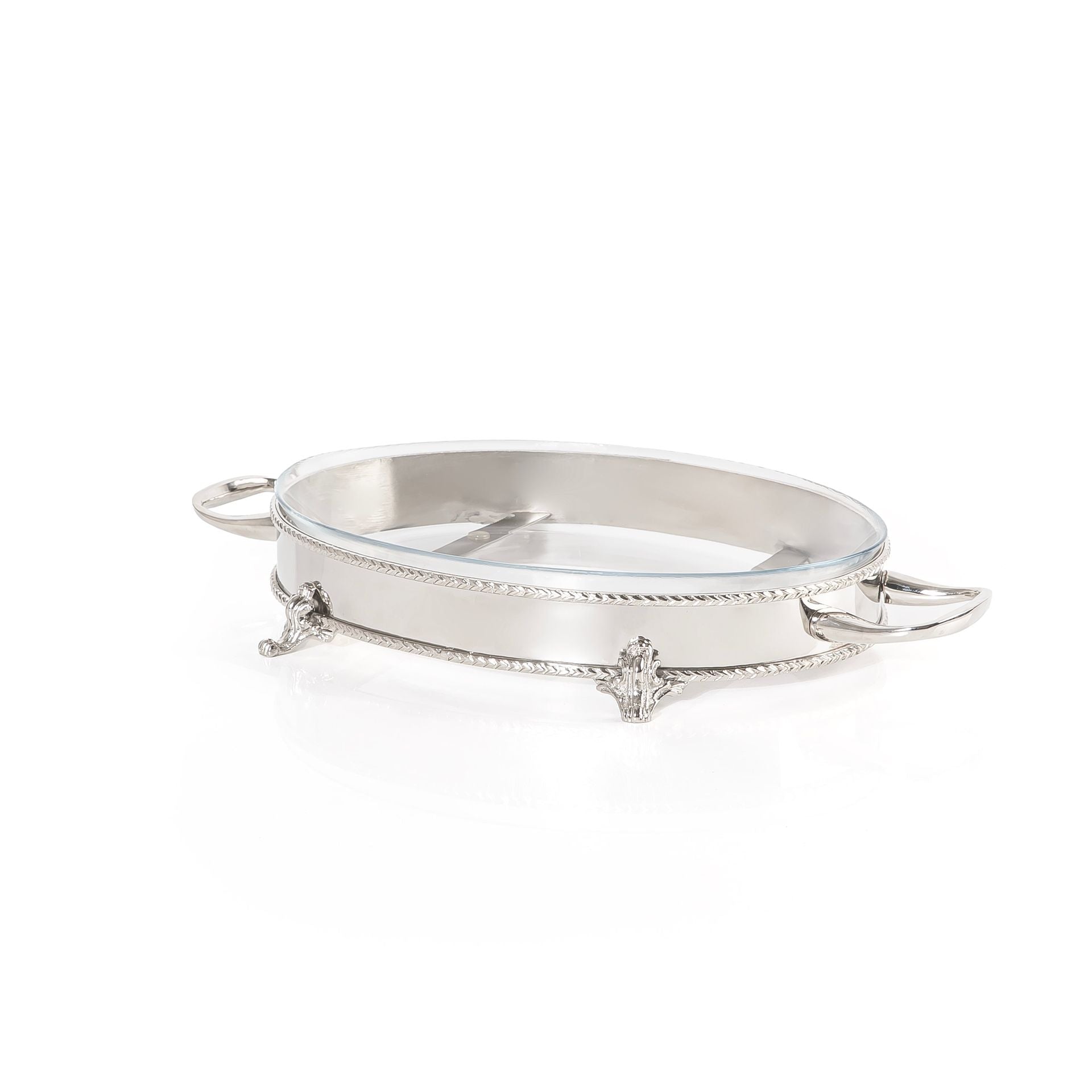 حامل تقديم بيضاوي من الستانلس ستيل مع وعاء زجاجي داخلي - صغير