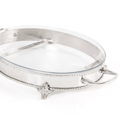 Oval Stainless Steel Serving Stand with Interior Glass Bowl - Large