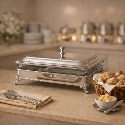 Rectangular Silver Stainless Steel Chafing Dish with Interior Glass Bowl