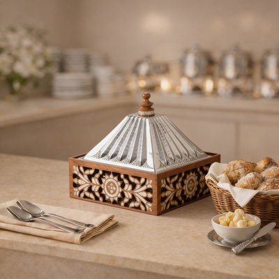 Square Stainless Steel Food Warmer with Wooden Base - Small