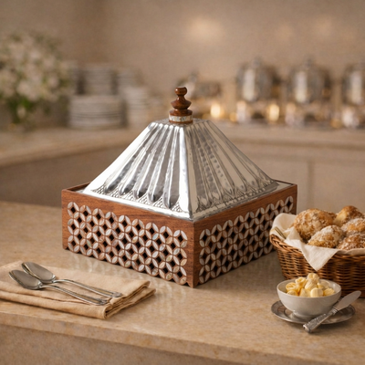 Square Stainless Steel Food Warmer with Wooden Base - Large