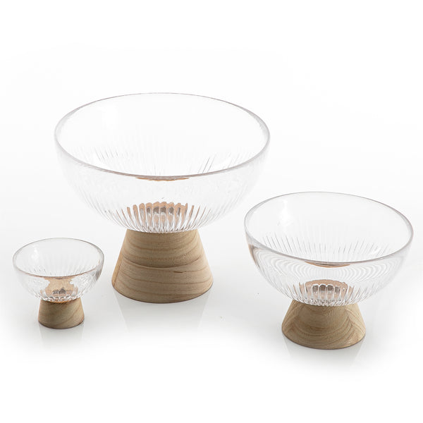 Set of 3 Glass Bowl With Wood Base (7090535760067)